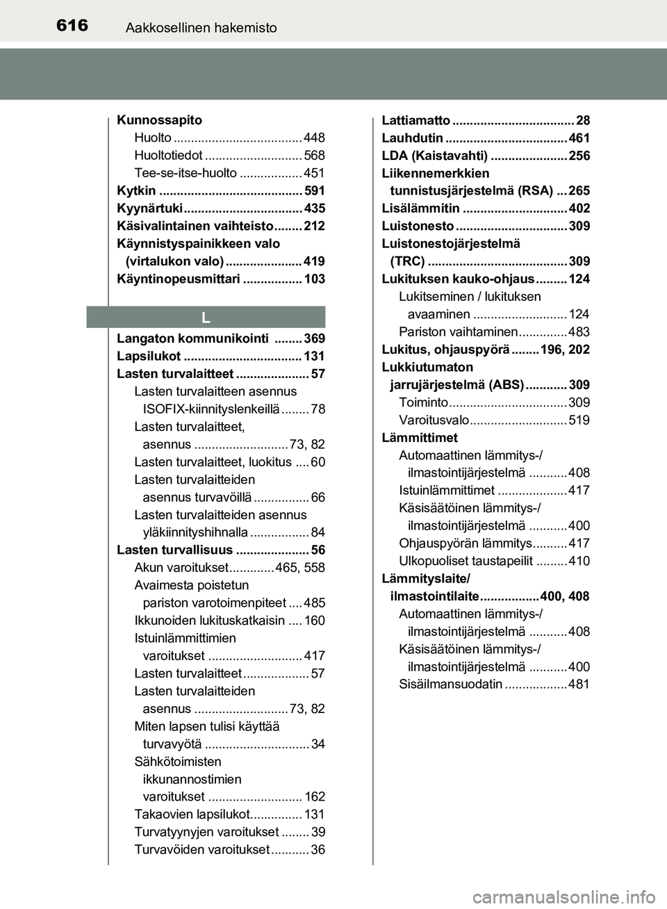 TOYOTA HILUX 2018  Omistajan Käsikirja (in Finnish) 616Aakkosellinen hakemisto
HILUX_OM_OM0K375FI_(EE)
KunnossapitoHuolto ..................................... 448
Huoltotiedot ............................ 568
Tee-se-itse-huolto .................. 451
