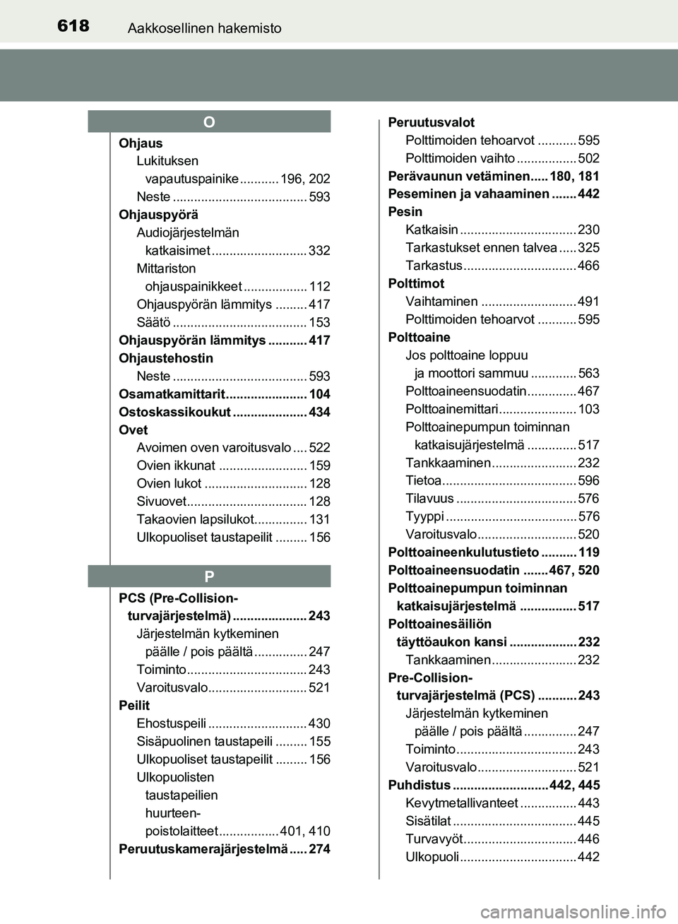 TOYOTA HILUX 2018  Omistajan Käsikirja (in Finnish) 618Aakkosellinen hakemisto
HILUX_OM_OM0K375FI_(EE)
OhjausLukituksen 
vapautuspainike ........... 196, 202
Neste ...................................... 593
Ohjauspyörä
Audiojärjestelmän katkaisimet