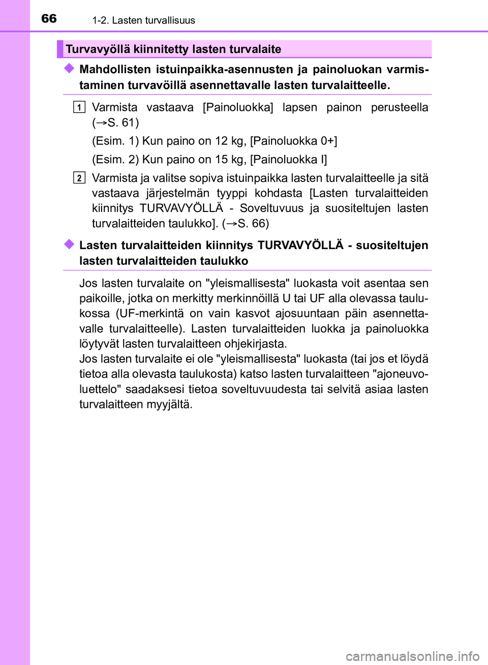 TOYOTA HILUX 2018  Omistajan Käsikirja (in Finnish) 661-2. Lasten turvallisuus
HILUX_OM_OM0K375FI_(EE)
uMahdollisten istuinpaikka-asennusten ja painoluokan varmis-
taminen turvavöillä asennettavalle lasten turvalaitteelle.
Varmista vastaava [Painoluo