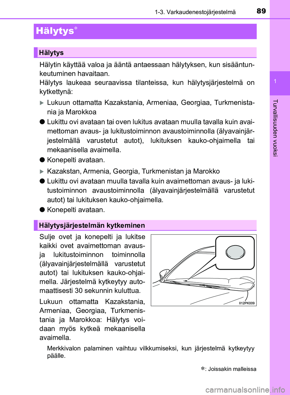 TOYOTA HILUX 2018 Omistajan Käsikirja (in Finnish) 89
1
1-3. Varkaudenestojärjestelmä
HILUX_OM_OM0K375FI_(EE)
Turvallisuuden vuoksi
Hälytys
Hälytin käyttää valoa ja ääntä antaessaan hälytyksen, kun sisääntun-
keutuminen havaitaan.
Häl TOYOTA HILUX 2018 Omistajan Käsikirja (in Finnish) 89
1
1-3. Varkaudenestojärjestelmä
HILUX_OM_OM0K375FI_(EE)
Turvallisuuden vuoksi
Hälytys
Hälytin käyttää valoa ja ääntä antaessaan hälytyksen, kun sisääntun-
keutuminen havaitaan.
Häl