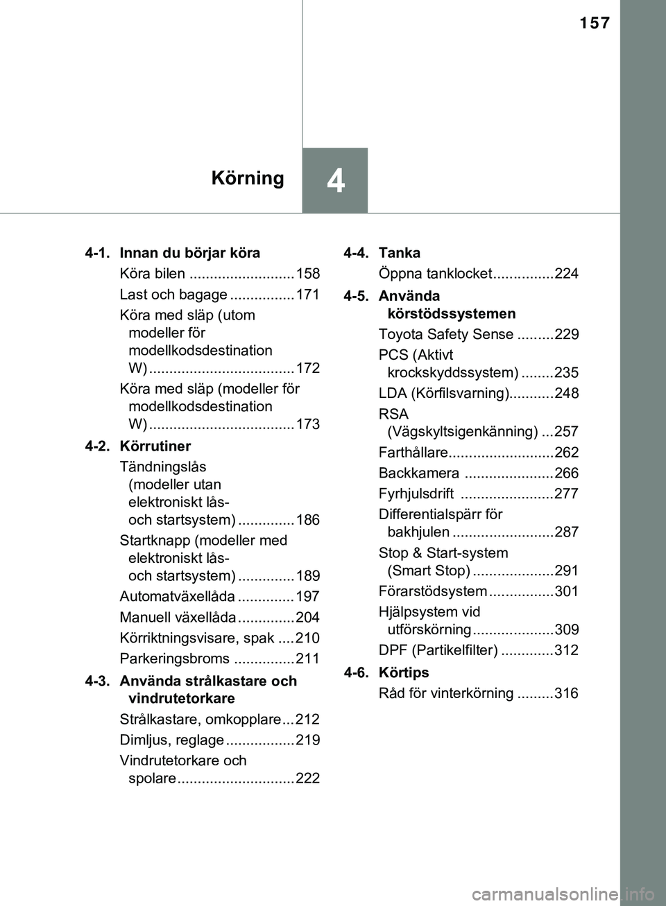 TOYOTA HILUX 2018 Bruksanvisningar (in Swedish) 157
4Körning
HILUX_OM_OM0K375SE4-1. Innan du börjar köra
Köra bilen .......................... 158
Last och bagage ................ 171
Köra med släp (utom modeller för
modellkodsdestination
W TOYOTA HILUX 2018 Bruksanvisningar (in Swedish) 157
4Körning
HILUX_OM_OM0K375SE4-1. Innan du börjar köra
Köra bilen .......................... 158
Last och bagage ................ 171
Köra med släp (utom modeller för
modellkodsdestination
W