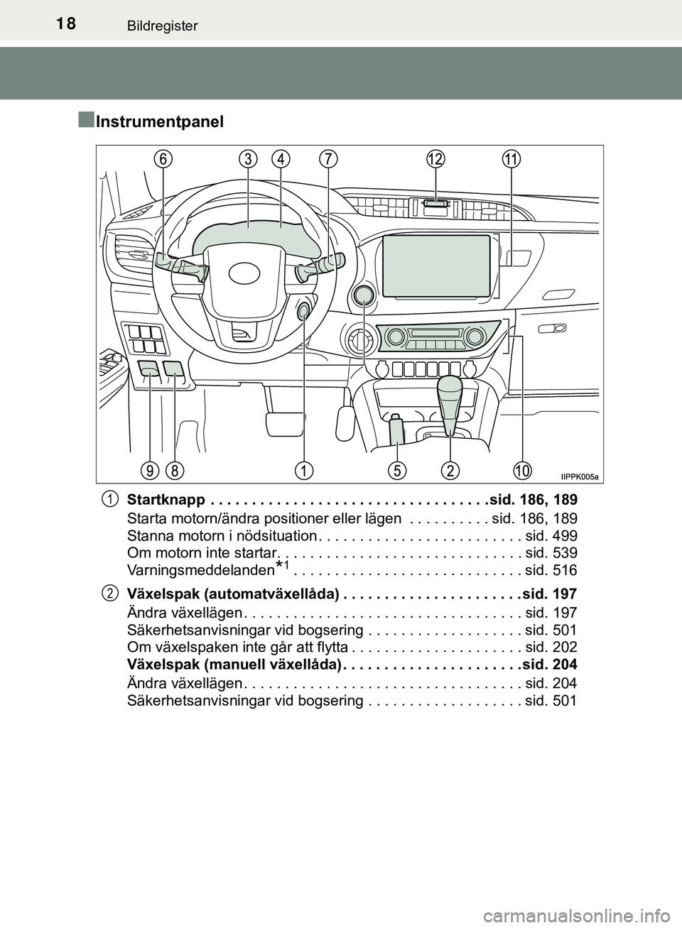 TOYOTA HILUX 2018  Bruksanvisningar (in Swedish) 18Bildregister
HILUX_OM_OM0K375SE
nInstrumentpanel
Startknapp  . . . . . . . . . . . . . . . . . . . . . . . . . . . . . . . . . . sid. 186, 189
Starta motorn/ändra positioner eller lägen  . . . . .