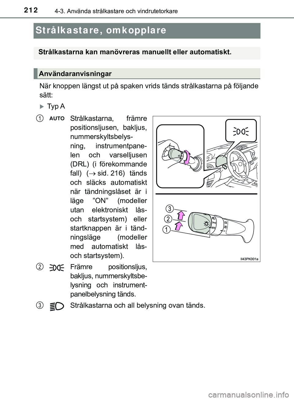 TOYOTA HILUX 2018  Bruksanvisningar (in Swedish) 2124-3. Använda strålkastare och vindrutetorkare
HILUX_OM_OM0K375SE
Strålkastare, omkopplare
När knoppen längst ut på spaken vrids tänds strålkastarna på följande
sätt:
Ty p  A
Strålkas