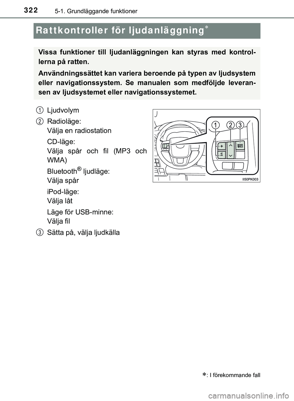 TOYOTA HILUX 2018 Bruksanvisningar (in Swedish) 3225-1. Grundläggande funktioner
HILUX_OM_OM0K375SE
Rattkontroller för ljudanläggning
Ljudvolym
Radioläge:
Välja en radiostation
CD-läge:
Välja spår och fil (MP3 och
WMA)
Bluetooth
® ljudl TOYOTA HILUX 2018 Bruksanvisningar (in Swedish) 3225-1. Grundläggande funktioner
HILUX_OM_OM0K375SE
Rattkontroller för ljudanläggning
Ljudvolym
Radioläge:
Välja en radiostation
CD-läge:
Välja spår och fil (MP3 och
WMA)
Bluetooth
® ljudl