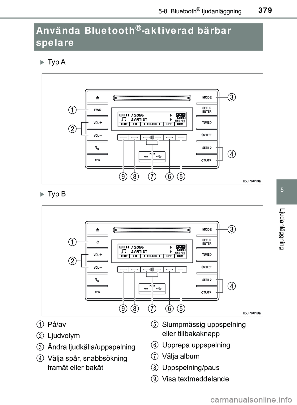 TOYOTA HILUX 2018  Bruksanvisningar (in Swedish) 379
5
5-8. Bluetooth® ljudanläggning
Ljudanläggning
HILUX_OM_OM0K375SE
Använda Bluetooth®-aktiverad bärbar 
spelare
Ty p  A
Ty p  B
På/av
Ljudvolym
Ändra ljudkälla/uppspelning
Välja sp