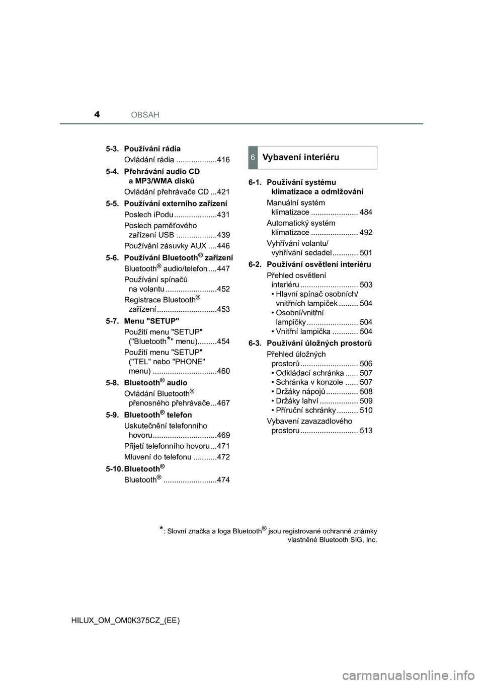 TOYOTA HILUX 2018  Návod na použití (in Czech) OBSAH4
HILUX_OM_OM0K375CZ_(EE)5-3. Používání rádia
Ovládání rádia ...................416
5-4. Přehrávání audio CD 
a MP3/WMA disků
Ovládání přehrávače CD ...421
5-5. Používání 