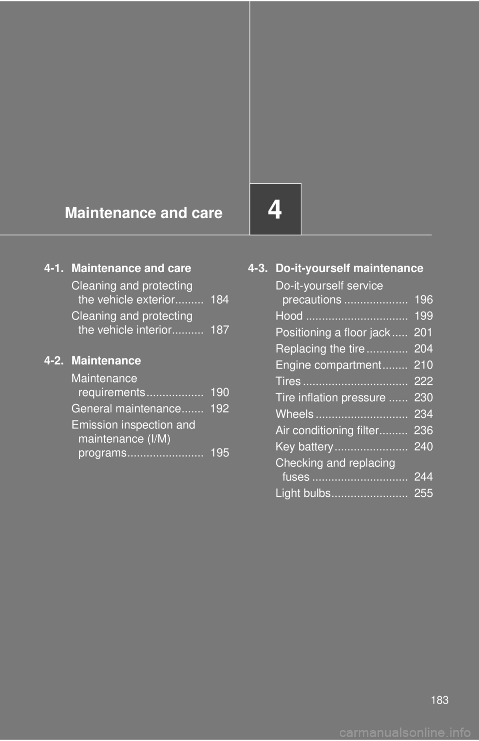 TOYOTA IQ 2014 Owners Manual Maintenance and care4
183
4-1. Maintenance and careCleaning and protecting the vehicle exterior......... 184
Cleaning and protecting the vehicle interior.......... 187
4-2. Maintenance Maintenance TOYOTA IQ 2014 Owners Manual Maintenance and care4
183
4-1. Maintenance and careCleaning and protecting the vehicle exterior......... 184
Cleaning and protecting the vehicle interior.......... 187
4-2. Maintenance Maintenance