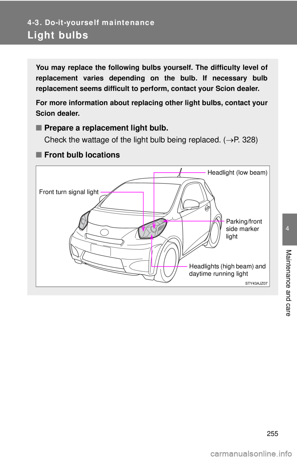 TOYOTA IQ 2014  Owners Manual 255
4-3. Do-it-yourself maintenance
4
Maintenance and care
Light bulbs
You may replace the following bulbs yourself. The difficulty level of
replacement varies depending on the bulb. If necessary bulb