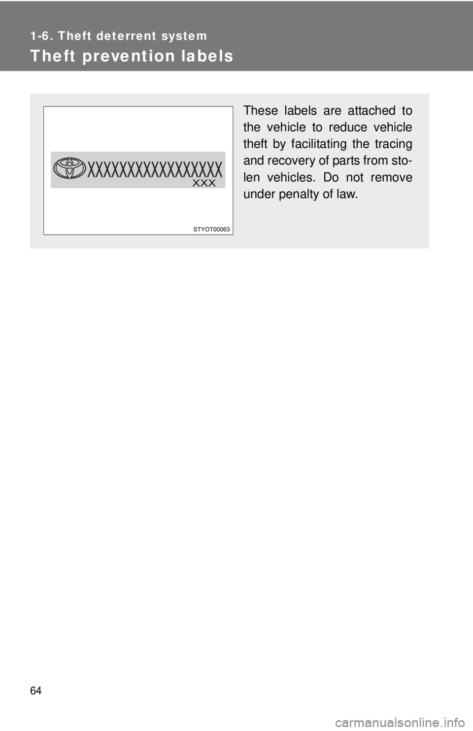 TOYOTA IQ 2014 Repair Manual 64
1-6. Theft deterrent system
Theft prevention labels
These labels are attached to
the vehicle to reduce vehicle
theft by facilitating the tracing
and recovery of parts from sto-
len vehicles. Do not