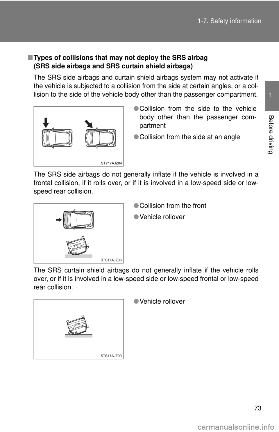 TOYOTA IQ 2014 Manual PDF 73
1-7. Safety information
1
Before driving
■
Types of collisions that may not deploy the SRS airbag
(SRS side airbags and SRS curtain shield airbags)
The SRS side airbags and curtain shield airba TOYOTA IQ 2014 Manual PDF 73
1-7. Safety information
1
Before driving
■
Types of collisions that may not deploy the SRS airbag
(SRS side airbags and SRS curtain shield airbags)
The SRS side airbags and curtain shield airba