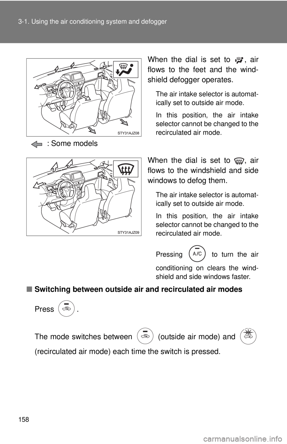 TOYOTA IQ 2013  Owners Manual 158 3-1. Using the air conditioning system and defogger
When the dial is set to  , air
flows to the feet and the wind-
shield defogger operates.
The air intake selector is automat-
ically set to outsi