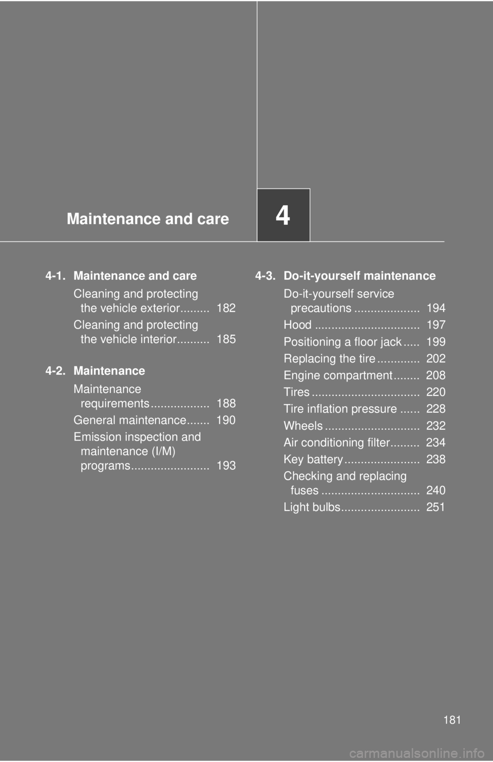 TOYOTA IQ 2013  Owners Manual Maintenance and care4
181
4-1. Maintenance and careCleaning and protecting the vehicle exterior.........  182
Cleaning and protecting  the vehicle interior..........  185
4-2. Maintenance Maintenance 