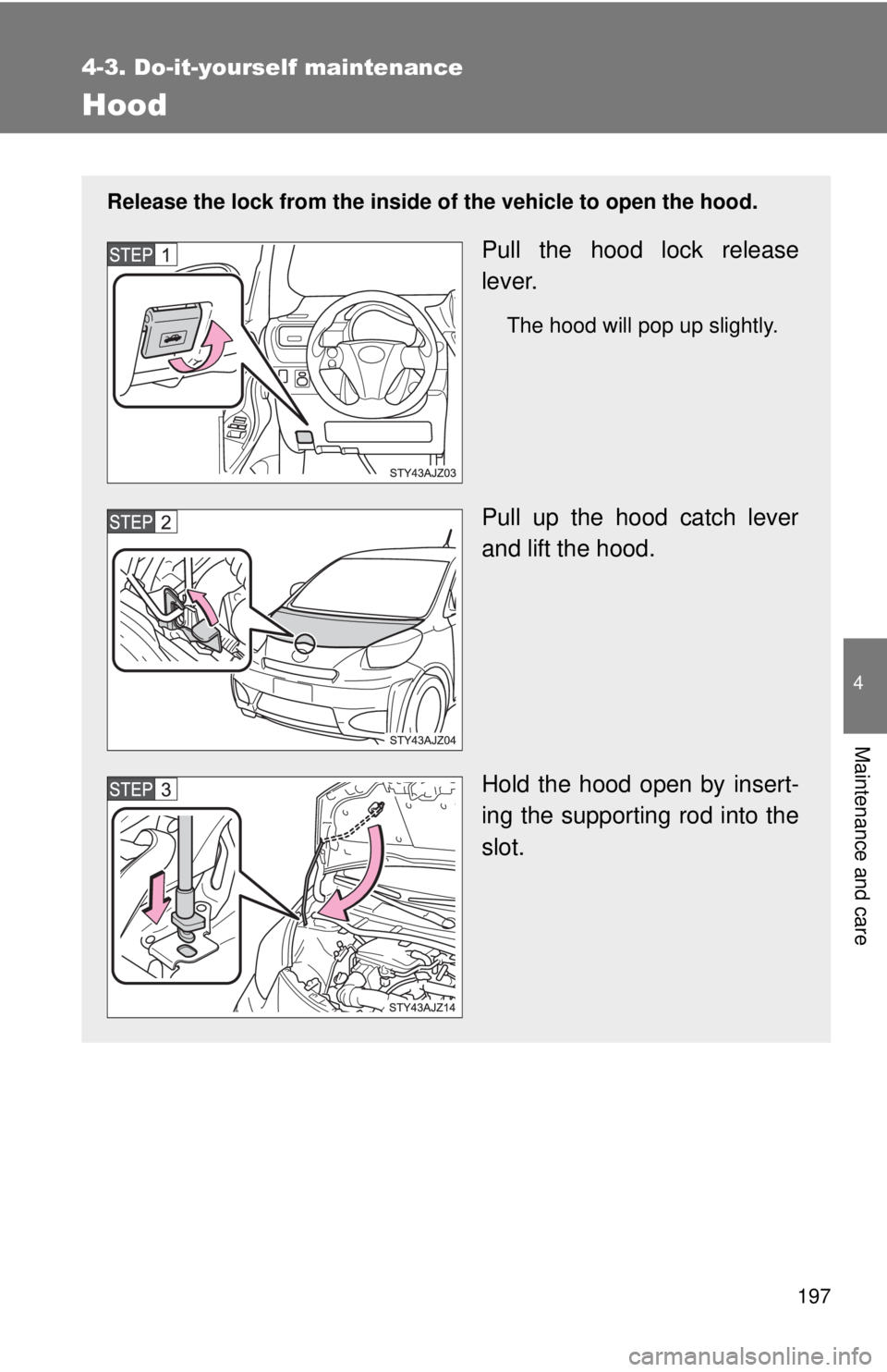 TOYOTA IQ 2013  Owners Manual 197
4-3. Do-it-yourself maintenance
4
Maintenance and care
Hood
Release the lock from the inside of the vehicle to open the hood.
Pull the hood lock release
lever.
The hood will pop up slightly.
Pull 