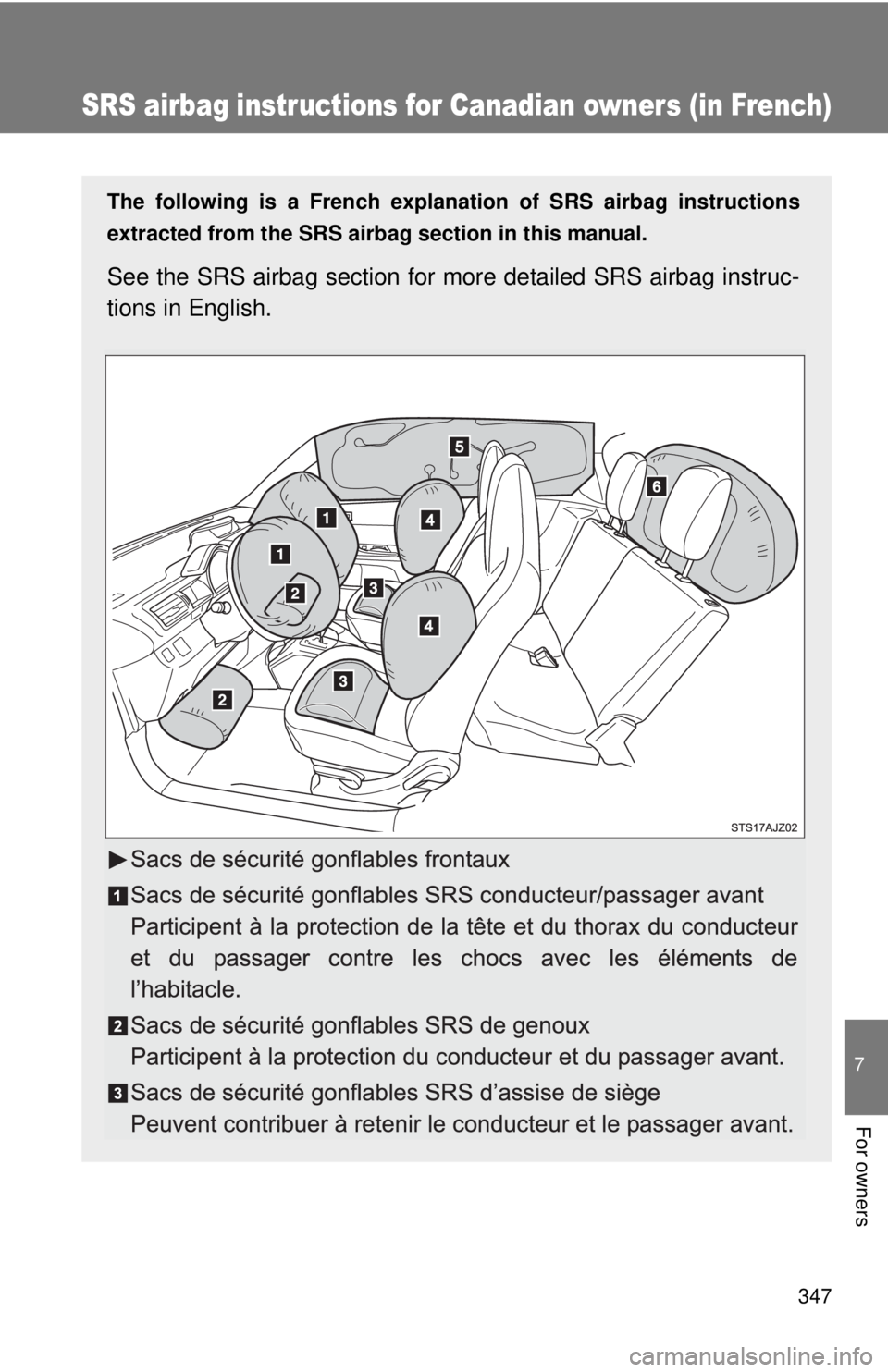 TOYOTA IQ 2013  Owners Manual 347
7
For owners
SRS airbag instructions for Canadian owners (in French)
The following is a French explanation of SRS airbag instructions
extracted from the SRS airbag section in this manual. 
See the