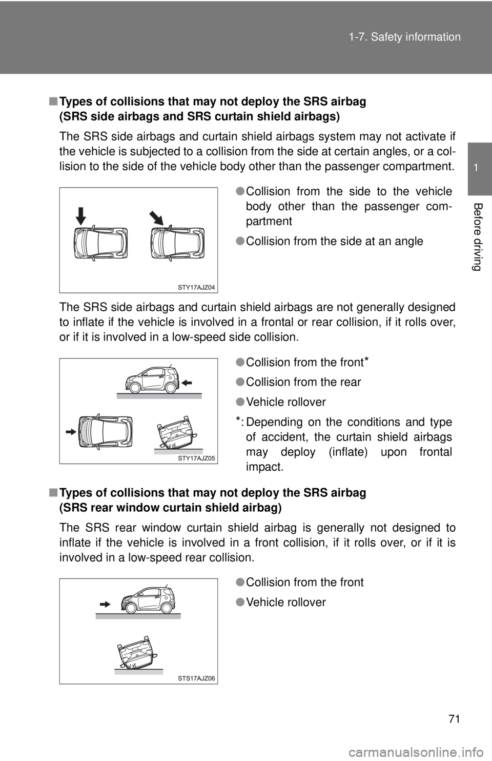 TOYOTA IQ 2013 Manual PDF 71
1-7. Safety information
1
Before driving
■
Types of collisions that may not deploy the SRS airbag
(SRS side airbags and SRS curtain shield airbags)
The SRS side airbags and curtain shield airba TOYOTA IQ 2013 Manual PDF 71
1-7. Safety information
1
Before driving
■
Types of collisions that may not deploy the SRS airbag
(SRS side airbags and SRS curtain shield airbags)
The SRS side airbags and curtain shield airba