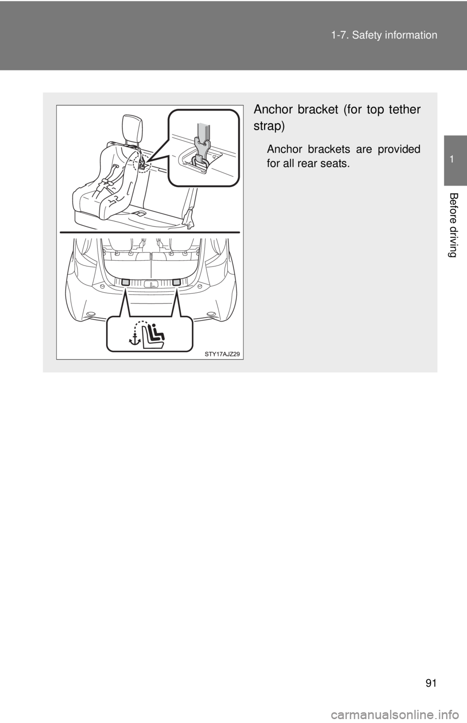 TOYOTA IQ 2013  Owners Manual 91
1-7. Safety information
1
Before driving
Anchor bracket (for top tether
strap)
Anchor brackets are provided
for all rear seats. 