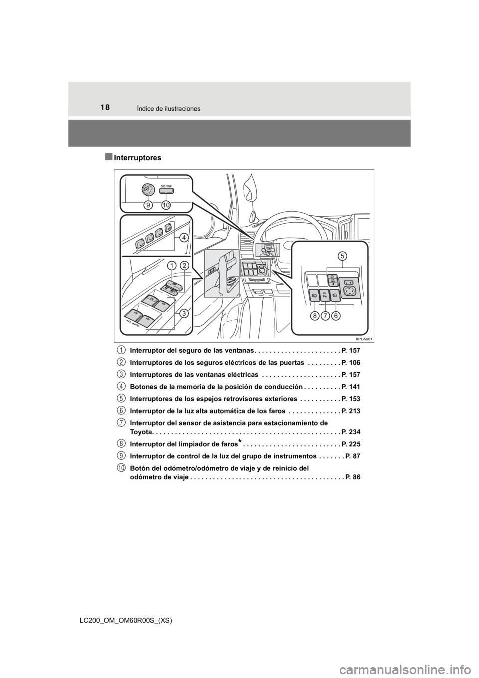 TOYOTA LAND CRUISER 2019  Manual del propietario (in Spanish) 18Índice de ilustraciones
LC200_OM_OM60R00S_(XS)
■Interruptores
Interruptor del seguro de las ventanas . . . . . . . . . . . . . . . . . . . . . . . P. 157
Interruptores de los seguros eléctricos 