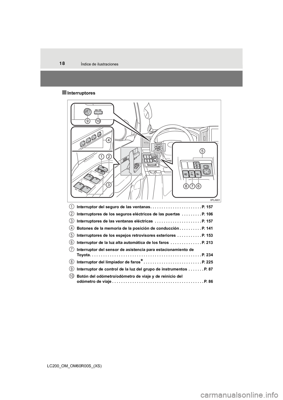 TOYOTA LAND CRUISER 2019  Manual del propietario (in Spanish) 18Índice de ilustraciones
LC200_OM_OM60R00S_(XS)
■Interruptores
Interruptor del seguro de las ventanas . . . . . . . . . . . . . . . . . . . . . . . P. 157
Interruptores de los seguros eléctricos 