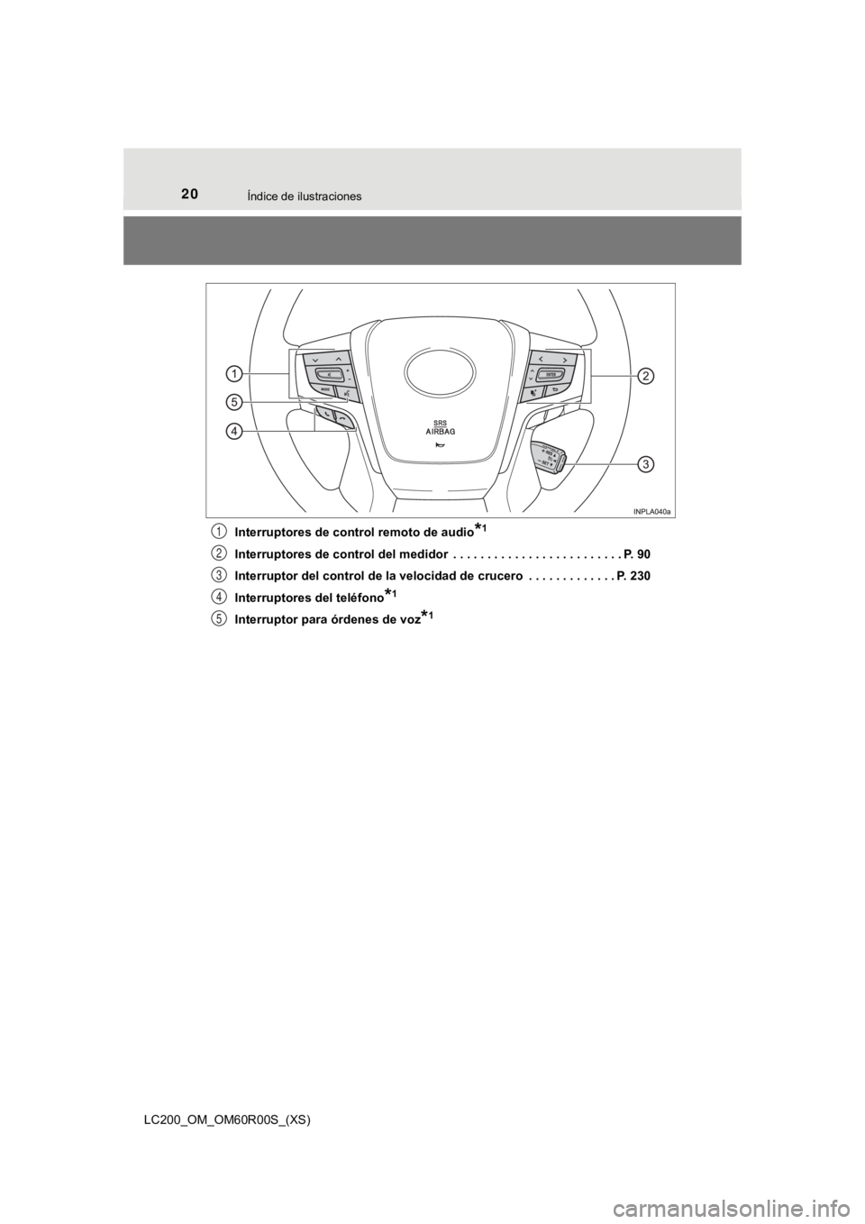 TOYOTA LAND CRUISER 2019  Manual del propietario (in Spanish) 20Índice de ilustraciones
LC200_OM_OM60R00S_(XS)Interruptores de control remoto de audio
*1
Interruptores de control del medidor  . . . . . . . . . . . . . 
. . . . . . . . . . . . P. 90
Interruptor 