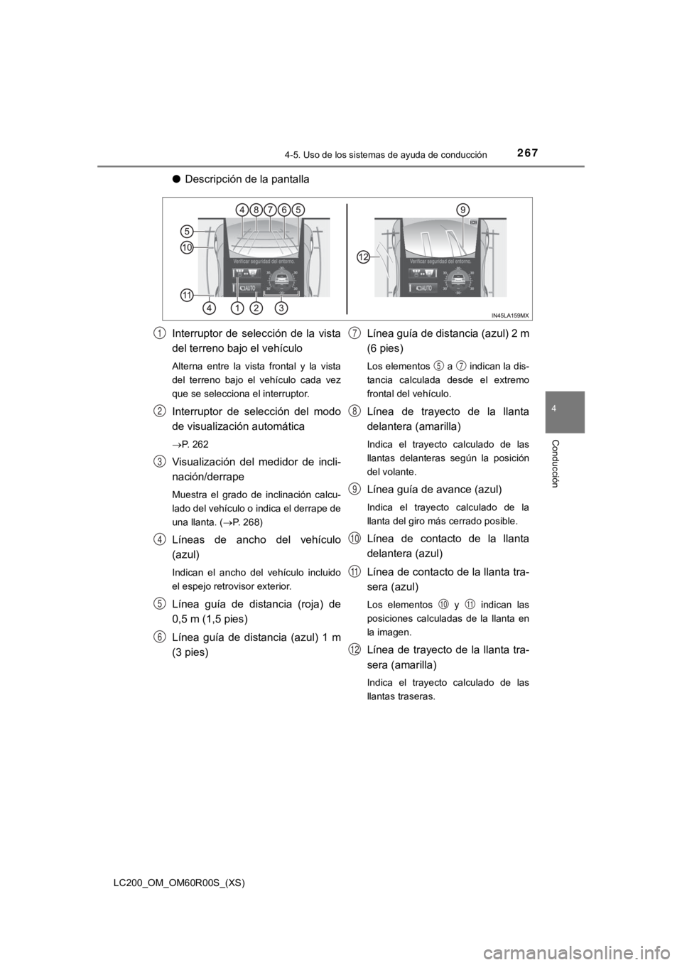 TOYOTA LAND CRUISER 2019  Manual del propietario (in Spanish) LC200_OM_OM60R00S_(XS)
2674-5. Uso de los sistemas de ayuda de conducción
4
Conducción
●Descripción de la pantalla
Interruptor  de  selección  de  la  vista
del terreno bajo el vehículo
Alterna
