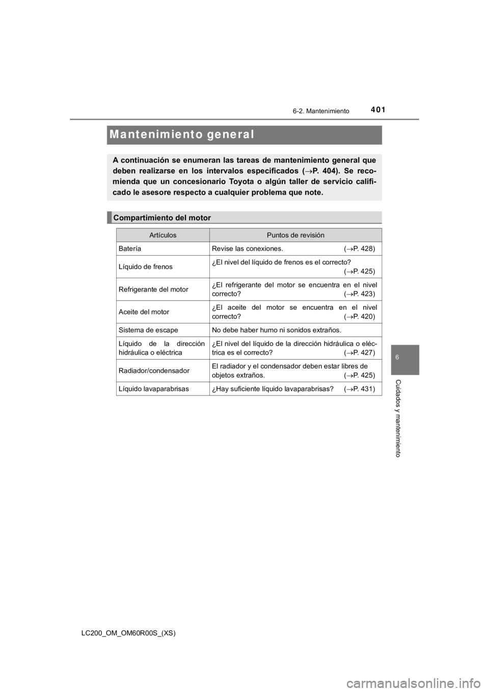 TOYOTA LAND CRUISER 2019  Manual del propietario (in Spanish) 401
LC200_OM_OM60R00S_(XS)
6-2. Mantenimiento
6
Cuidados y mantenimiento
Mantenimiento general
A  continuación  se  enumeran  las  tareas  de  mantenimiento  general que
deben  realizarse  en  los  i