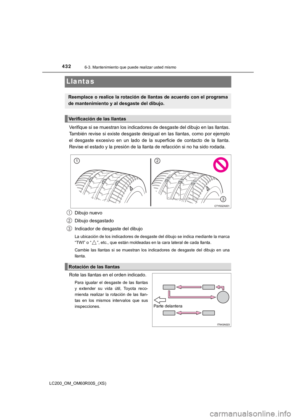 TOYOTA LAND CRUISER 2019  Manual del propietario (in Spanish) 432
LC200_OM_OM60R00S_(XS)
6-3. Mantenimiento que puede realizar usted mismo
Llantas
Verifique si se muestran los indicadores de desgaste del dibujo en las llantas.
También revise si existe desgaste 