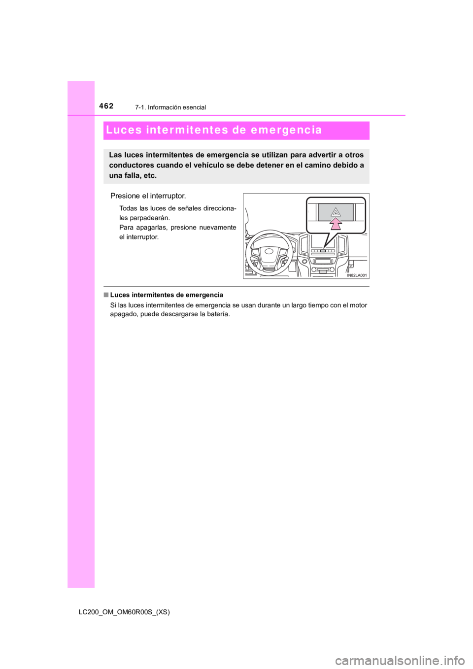 TOYOTA LAND CRUISER 2019 Manual del propietario (in Spanish) 462
LC200_OM_OM60R00S_(XS)
7-1. Información esencial
Luces inter mitentes de emergencia
Presione el interruptor.
Todas las luces de señales direcciona-
les parpadearán.
Para apagarlas, presione TOYOTA LAND CRUISER 2019 Manual del propietario (in Spanish) 462
LC200_OM_OM60R00S_(XS)
7-1. Información esencial
Luces inter mitentes de emergencia
Presione el interruptor.
Todas las luces de señales direcciona-
les parpadearán.
Para apagarlas, presione
