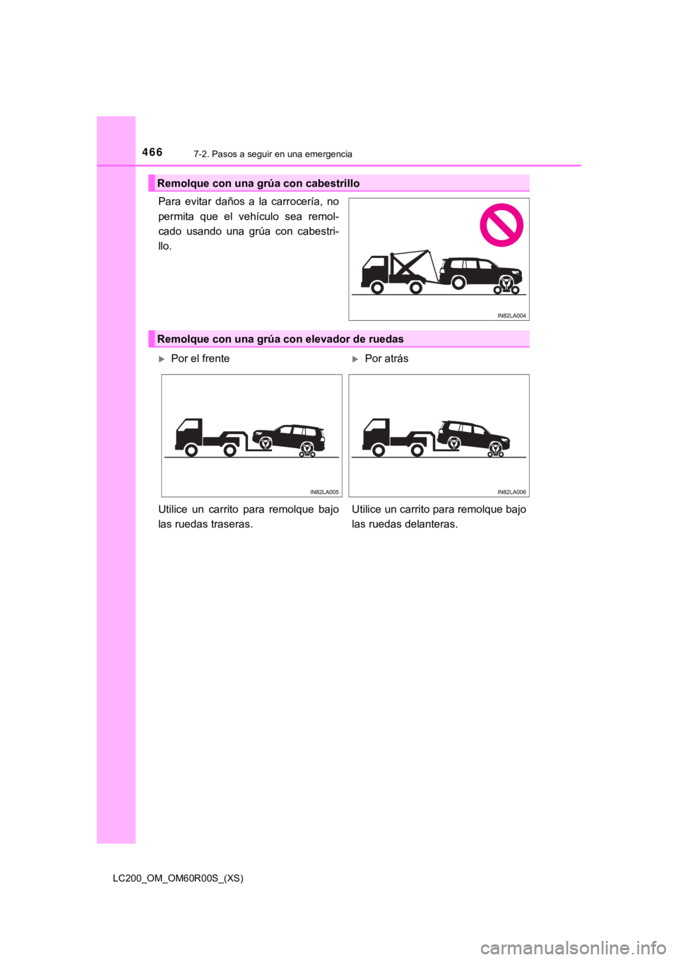 TOYOTA LAND CRUISER 2019 Manual del propietario (in Spanish) 4667-2. Pasos a seguir en una emergencia
LC200_OM_OM60R00S_(XS)
Para evitar daños a la carrocería, no
permita que el vehículo sea remol-
cado usando una grúa con cabestri-
llo.
Rem TOYOTA LAND CRUISER 2019 Manual del propietario (in Spanish) 4667-2. Pasos a seguir en una emergencia
LC200_OM_OM60R00S_(XS)
Para evitar daños a la carrocería, no
permita que el vehículo sea remol-
cado usando una grúa con cabestri-
llo.
Rem