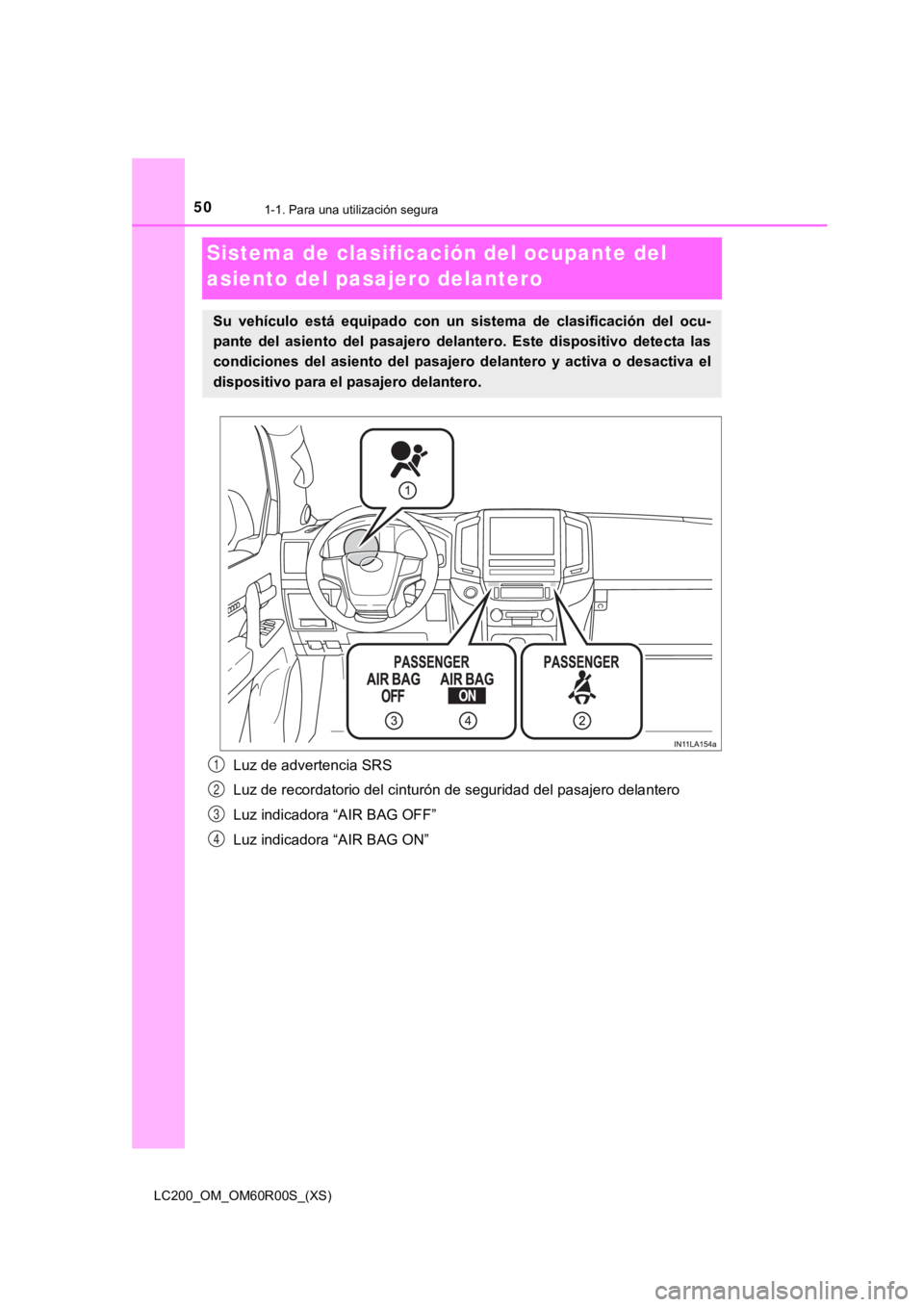 TOYOTA LAND CRUISER 2019 Manual del propietario (in Spanish) 501-1. Para una utilización segura
LC200_OM_OM60R00S_(XS)
Sistema de clasificación del ocupante del
asiento del pasajero delantero
Luz de advertencia SRS
Luz de recordatorio del cinturón de seguri TOYOTA LAND CRUISER 2019 Manual del propietario (in Spanish) 501-1. Para una utilización segura
LC200_OM_OM60R00S_(XS)
Sistema de clasificación del ocupante del
asiento del pasajero delantero
Luz de advertencia SRS
Luz de recordatorio del cinturón de seguri