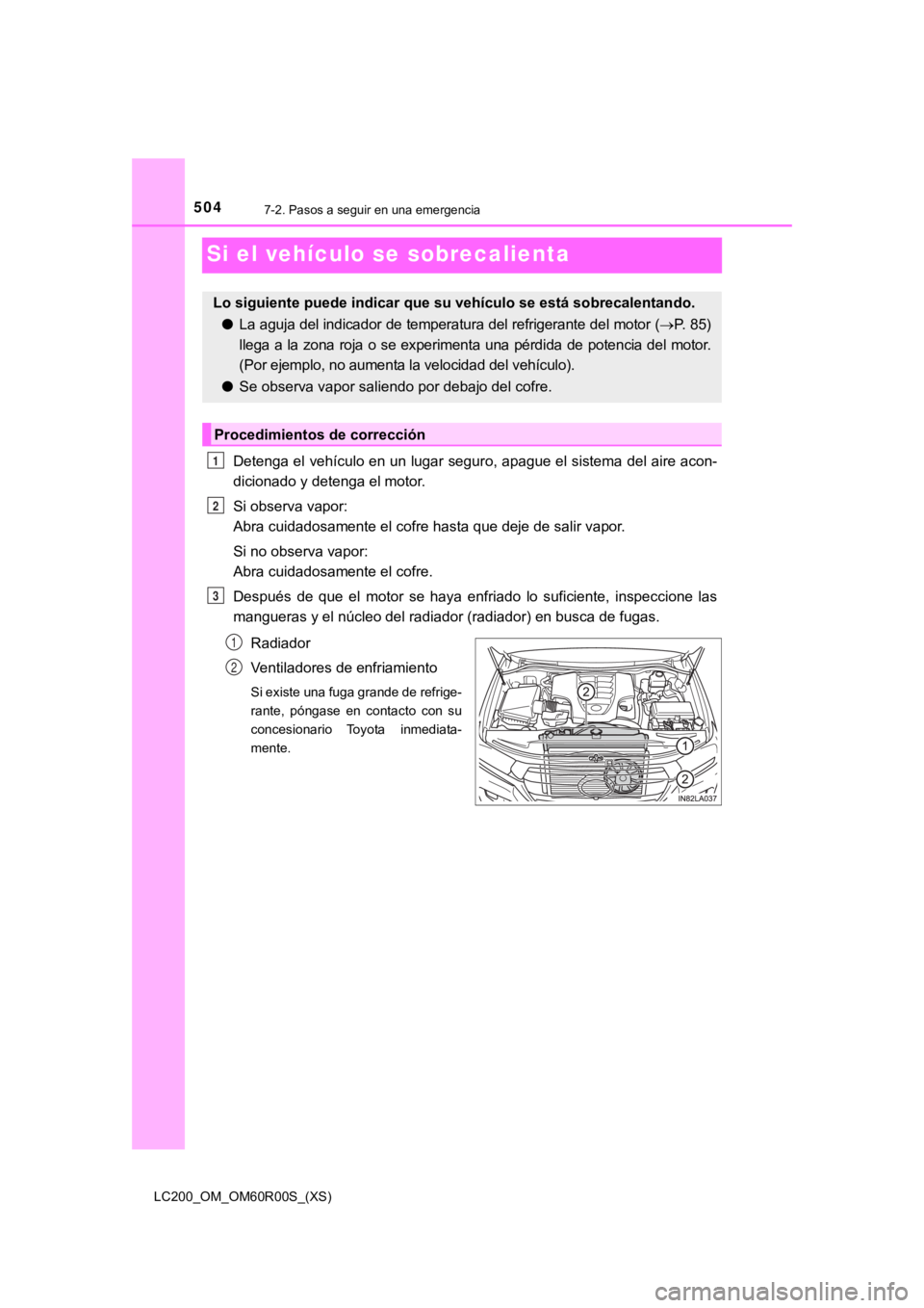 TOYOTA LAND CRUISER 2019  Manual del propietario (in Spanish) 504
LC200_OM_OM60R00S_(XS)
7-2. Pasos a seguir en una emergencia
Si el vehículo se sobrecalienta
Detenga el vehículo en un lugar seguro, apague el sistema del aire acon-
dicionado y detenga el motor