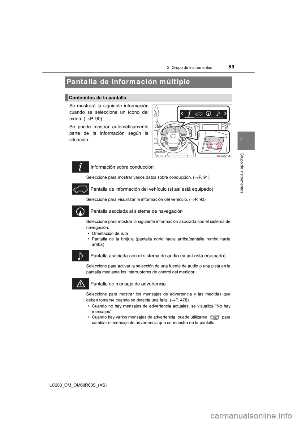 TOYOTA LAND CRUISER 2019 Manual del propietario (in Spanish) 89
LC200_OM_OM60R00S_(XS)
2. Grupo de instrumentos
2
Grupo de instrumentos
Pantalla de información múltiple
Se mostrará la siguiente información
cuando se seleccione un ícono del
menú. TOYOTA LAND CRUISER 2019 Manual del propietario (in Spanish) 89
LC200_OM_OM60R00S_(XS)
2. Grupo de instrumentos
2
Grupo de instrumentos
Pantalla de información múltiple
Se mostrará la siguiente información
cuando se seleccione un ícono del
menú.