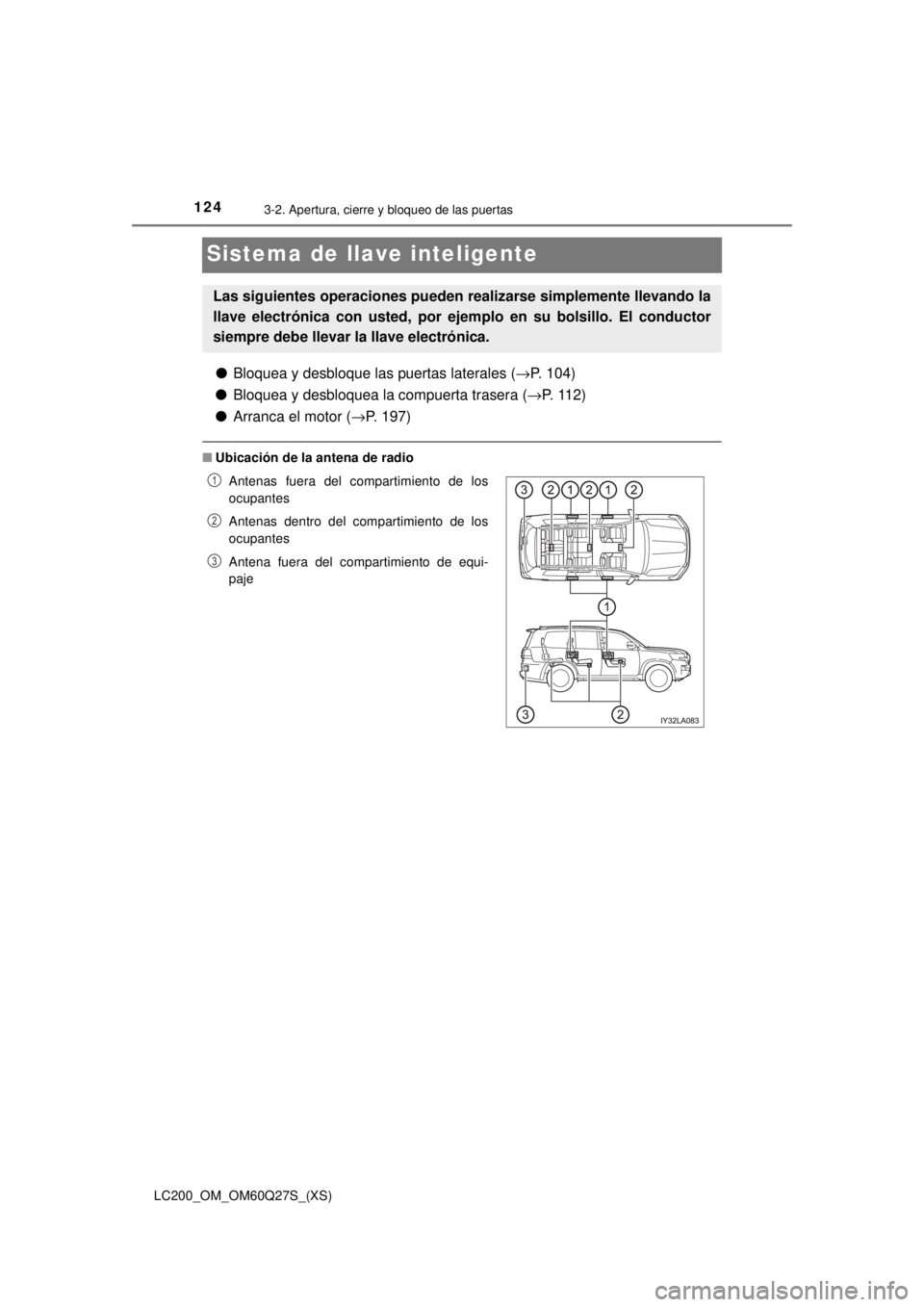TOYOTA LAND CRUISER 2018  Manual del propietario (in Spanish) 124
LC200_OM_OM60Q27S_(XS)
3-2. Apertura, cierre y bloqueo de las puertas
Sistema de llave inteligente
●Bloquea y desbloque las puertas laterales ( →P. 104)
● Bloquea y desbloquea la compuerta t