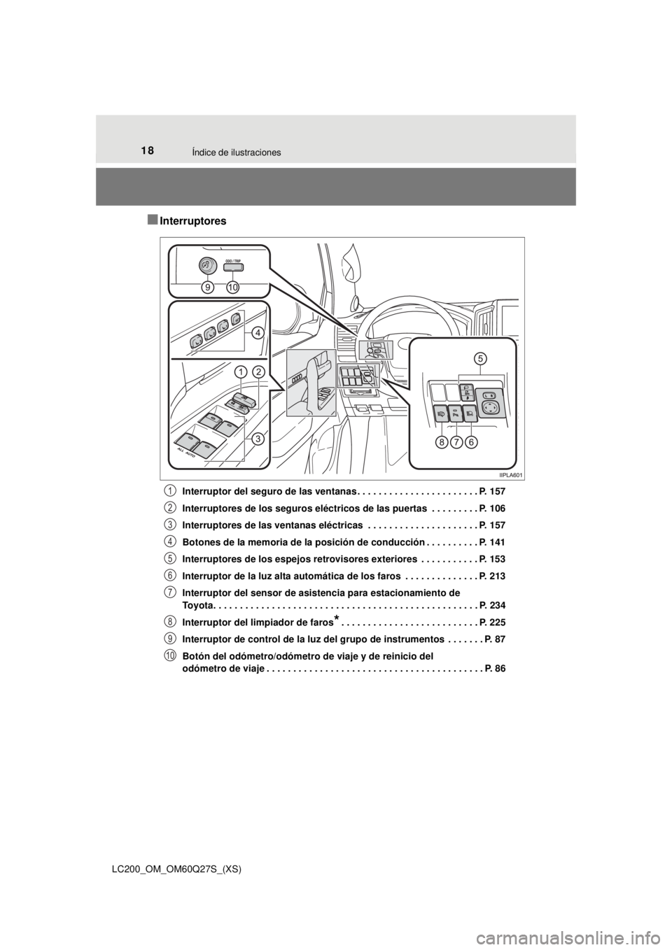 TOYOTA LAND CRUISER 2018  Manual del propietario (in Spanish) 18Índice de ilustraciones
LC200_OM_OM60Q27S_(XS)
■Interruptores
Interruptor del seguro de las ventanas . . . . . . . . . . . . . . . . . . . . . . . P. 157
Interruptores de los seguros eléctricos 