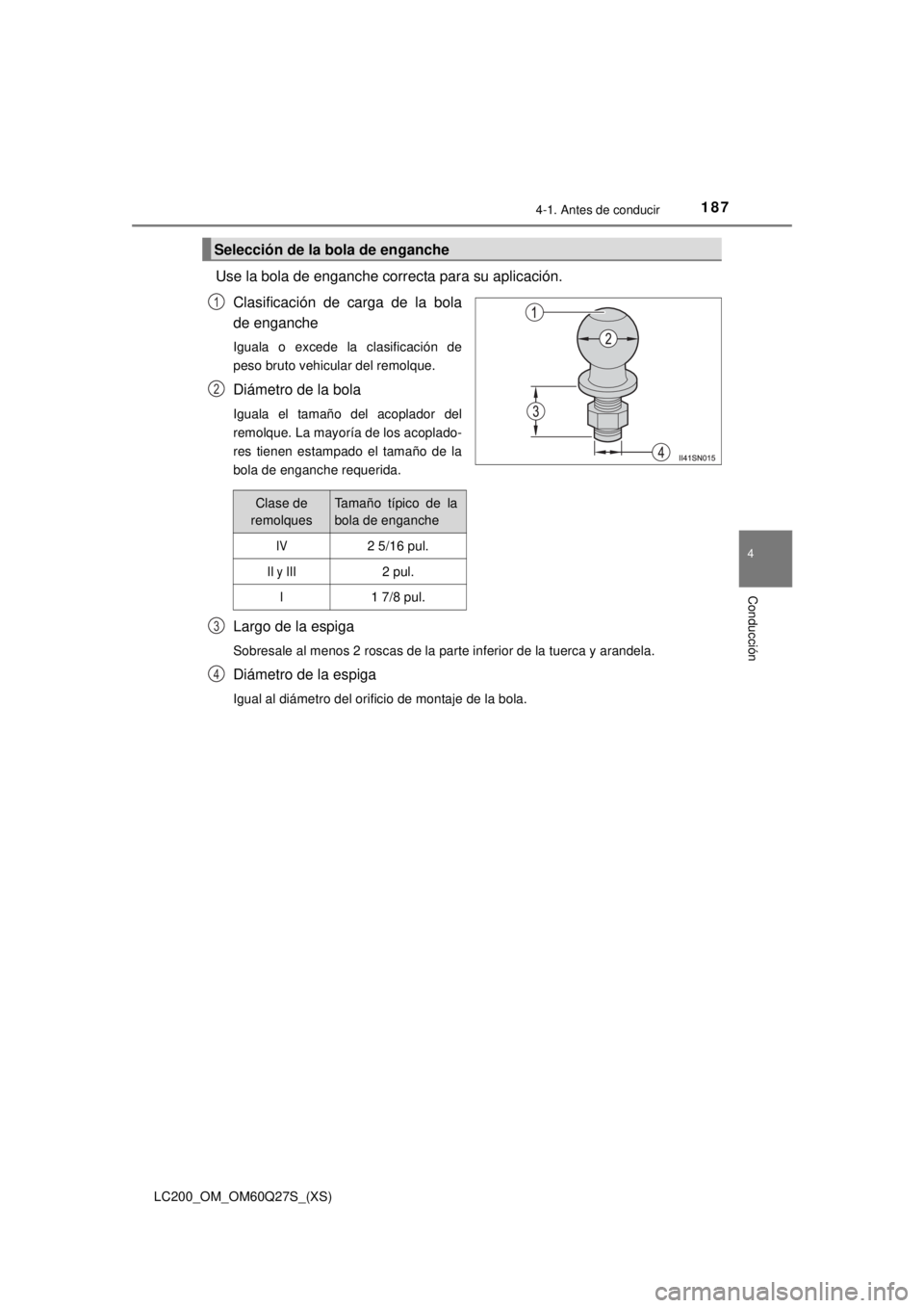 TOYOTA LAND CRUISER 2018 Manual del propietario (in Spanish) LC200_OM_OM60Q27S_(XS)
1874-1. Antes de conducir
4
Conducción
Use la bola de enganche correcta para su aplicación.Clasificación de carga de la bola
de enganche
Iguala o excede la clasificación de
TOYOTA LAND CRUISER 2018 Manual del propietario (in Spanish) LC200_OM_OM60Q27S_(XS)
1874-1. Antes de conducir
4
Conducción
Use la bola de enganche correcta para su aplicación.Clasificación de carga de la bola
de enganche
Iguala o excede la clasificación de