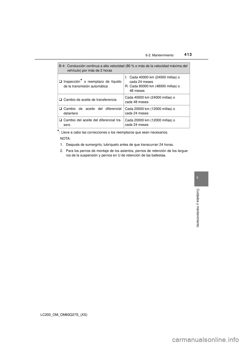 TOYOTA LAND CRUISER 2018  Manual del propietario (in Spanish) LC200_OM_OM60Q27S_(XS)
4136-2. Mantenimiento
6
Cuidados y mantenimiento
*: Lleve a cabo las correcciones o los reemplazos que sean necesarios.NOTA:
1. Después de sumergirlo, lubríquelo antes de que 