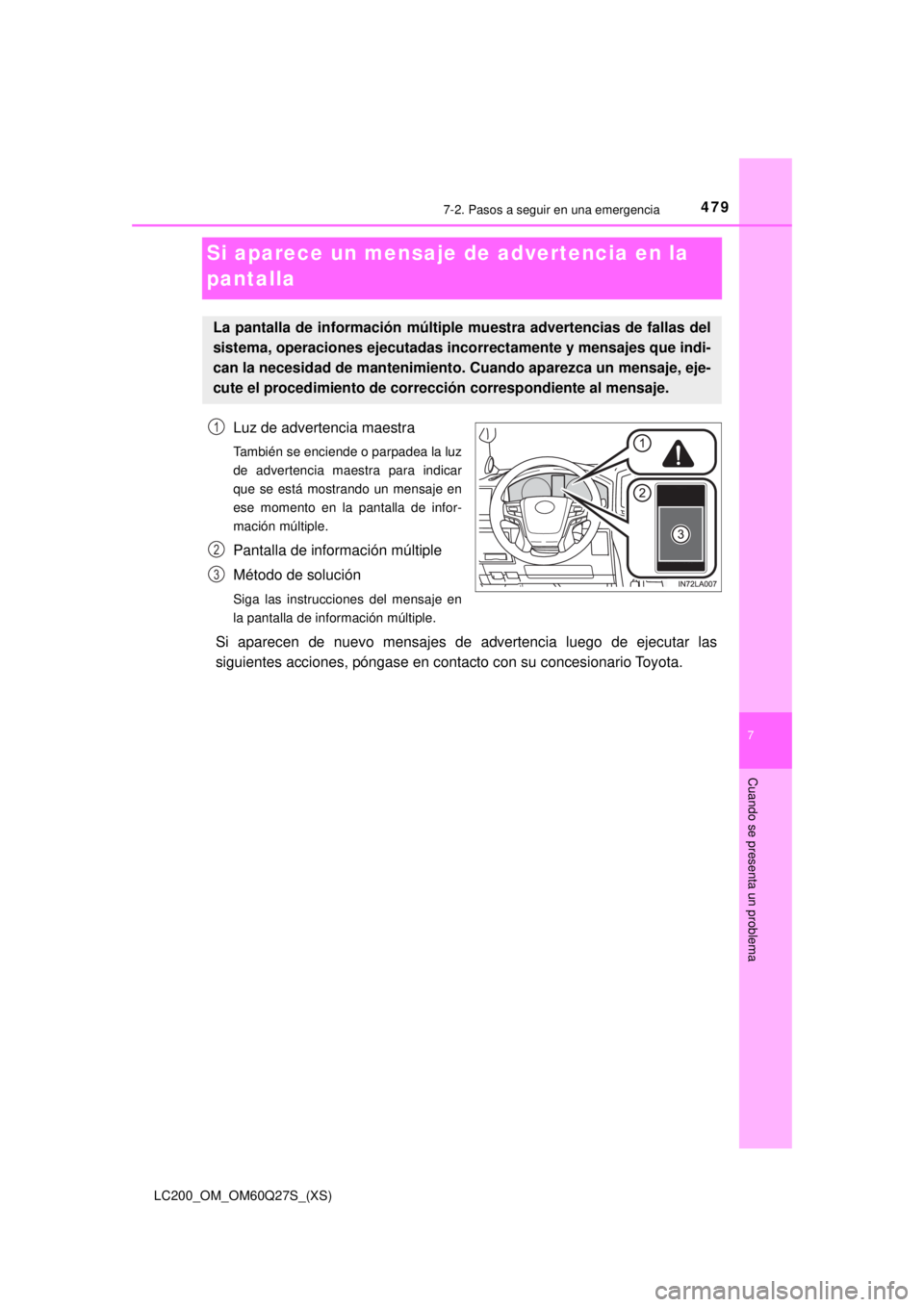 TOYOTA LAND CRUISER 2018 Manual del propietario (in Spanish) 479
LC200_OM_OM60Q27S_(XS)
7
Cuando se presenta un problema
7-2. Pasos a seguir en una emergencia
Si aparece un mensaje de advertencia en la
pantalla
Luz de advertencia maestra
También se enciende o TOYOTA LAND CRUISER 2018 Manual del propietario (in Spanish) 479
LC200_OM_OM60Q27S_(XS)
7
Cuando se presenta un problema
7-2. Pasos a seguir en una emergencia
Si aparece un mensaje de advertencia en la
pantalla
Luz de advertencia maestra
También se enciende o