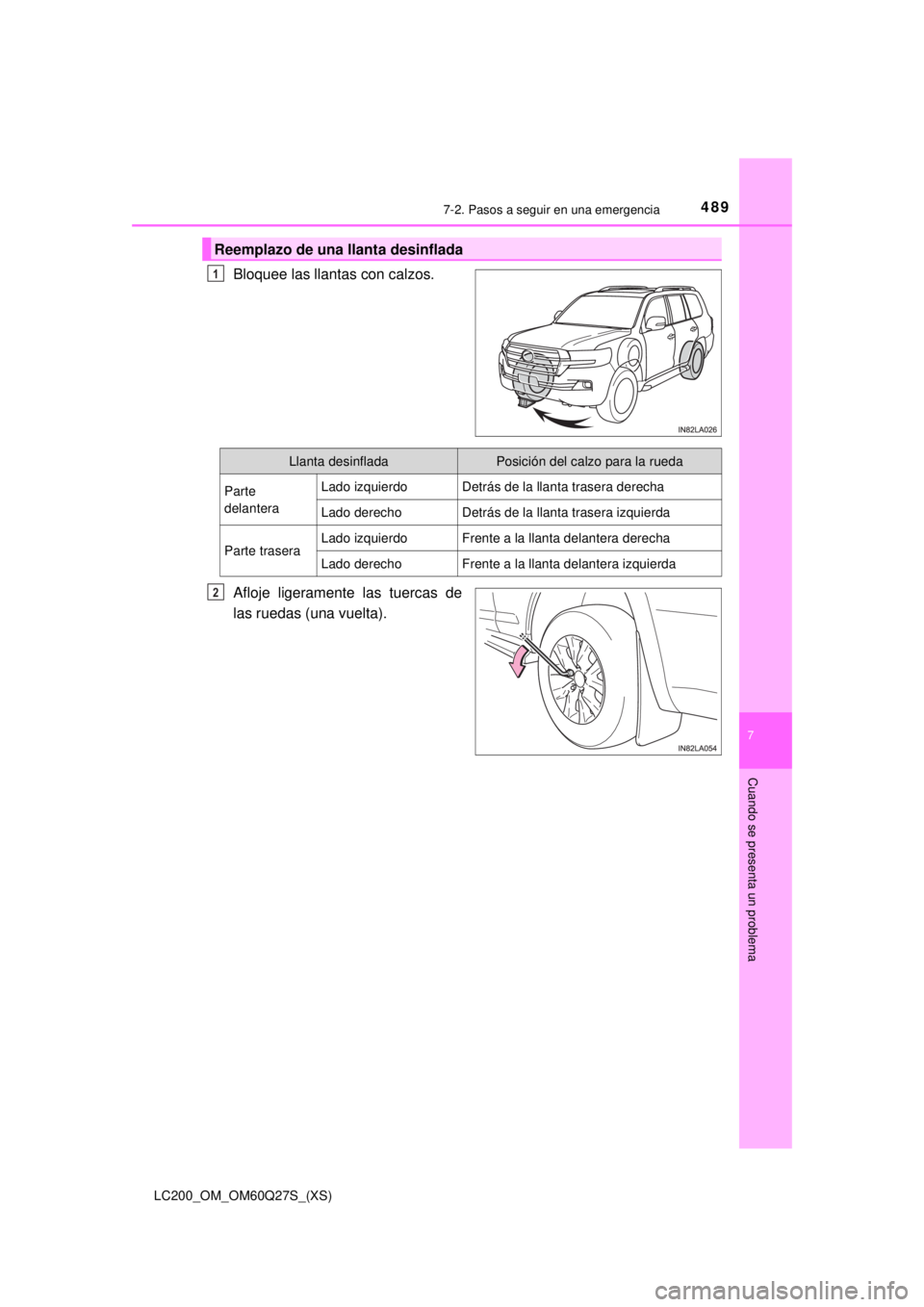 TOYOTA LAND CRUISER 2018  Manual del propietario (in Spanish) 4897-2. Pasos a seguir en una emergencia
LC200_OM_OM60Q27S_(XS)
7
Cuando se presenta un problema
Bloquee las llantas con calzos.
Afloje ligeramente las tuercas de
las ruedas (una vuelta).
Reemplazo de