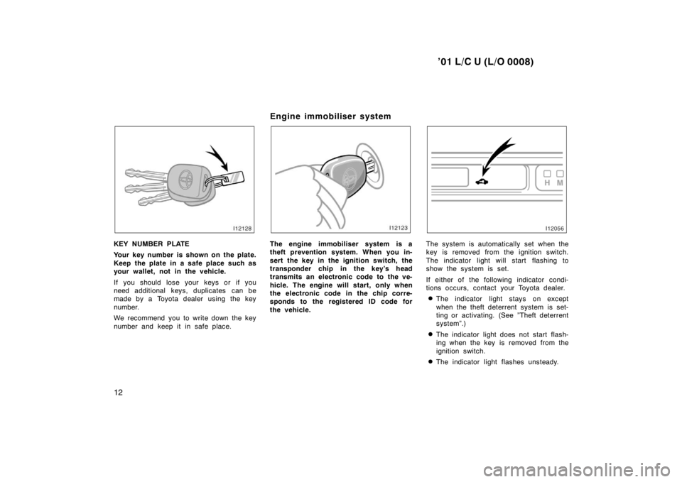 TOYOTA LAND CRUISER 2001 User Guide ’01 L/C U (L/O 0008)
12
KEY NUMBER PLATE 
Your key number is shown on the plate. 
Keep the plate in a safe place such as 
your wallet, not in the vehicle. 
If you should lose your keys or if you 
ne