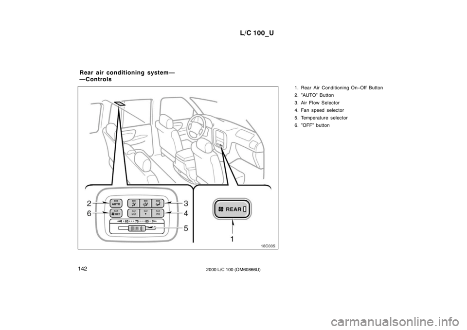 TOYOTA LAND CRUISER 2000  Owners Manual L/C 100_U
142 2000 L/C 100 (OM60866U)1. Rear Air Conditioning On
−Off Button
2. ”AUTO” Button 
3. Air Flow Selector 
4. Fan speed selector 
5. Temperature selector 
6. ”OFF” button
Rear air 