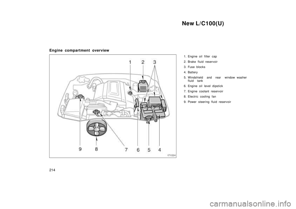 TOYOTA LAND CRUISER 1999  Owners Manual New L/C100(U)
214
Engine compartment overview
1. Engine oil filler cap 
2. Brake fluid reservoir 
3. Fuse blocks 
4. Battery 
5. Windshield and rear window washerfluid tank
6. Engine oil level dipstic