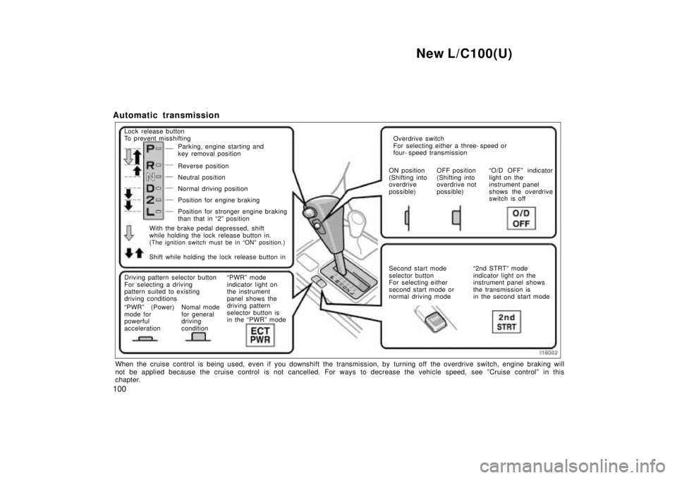 TOYOTA LAND CRUISER 1999  Owners Manual New L/C100(U)
100
Automatic transmission
Lock release button 
To prevent misshifting
Parking, engine starting and 
key removal position 
Reverse position 
Neutral position
Normal driving position
Posi
