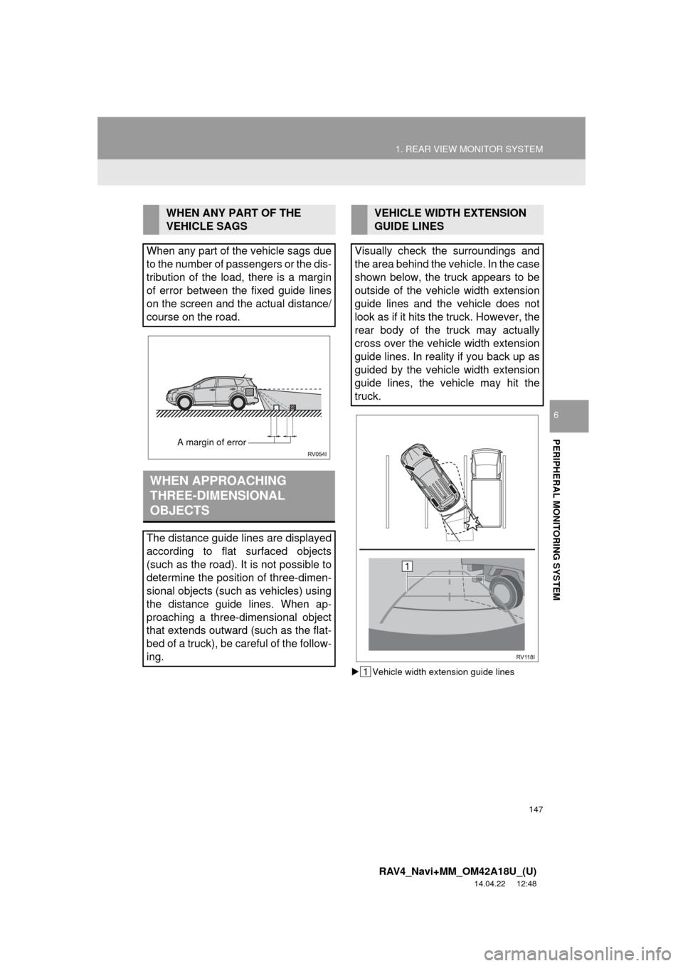 TOYOTA RAV4 2015 XA40 / 4.G Navigation Manual 147
1. REAR VIEW MONITOR SYSTEM
RAV4_Navi+MM_OM42A18U_(U)
14.04.22 12:48
PERIPHERAL MONITORING SYSTEM
6
Vehicle width extension guide lines
WHEN ANY PART OF THE
VEHICLE SAGS
When any part of TOYOTA RAV4 2015 XA40 / 4.G Navigation Manual 147
1. REAR VIEW MONITOR SYSTEM
RAV4_Navi+MM_OM42A18U_(U)
14.04.22 12:48
PERIPHERAL MONITORING SYSTEM
6
Vehicle width extension guide lines
WHEN ANY PART OF THE
VEHICLE SAGS
When any part of