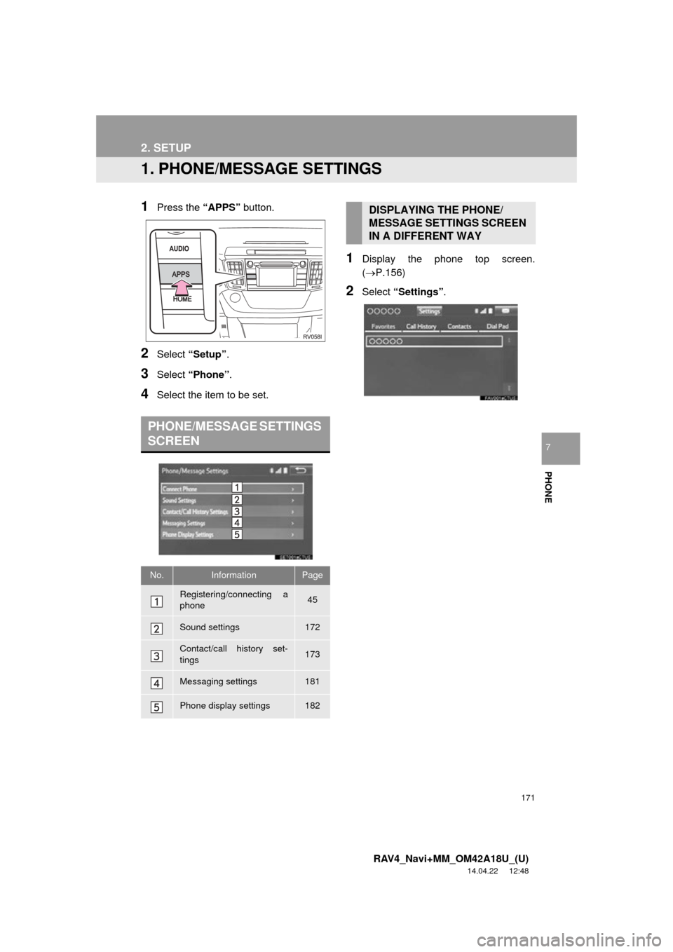 TOYOTA RAV4 2015 XA40 / 4.G Navigation Manual 171
RAV4_Navi+MM_OM42A18U_(U)
14.04.22 12:48
PHONE
7
2. SETUP
1. PHONE/MESSAGE SETTINGS
1Press the “APPS” button.
2Select “Setup” .
3Select “Phone” .
4Select the item to be set.
1Displ TOYOTA RAV4 2015 XA40 / 4.G Navigation Manual 171
RAV4_Navi+MM_OM42A18U_(U)
14.04.22 12:48
PHONE
7
2. SETUP
1. PHONE/MESSAGE SETTINGS
1Press the “APPS” button.
2Select “Setup” .
3Select “Phone” .
4Select the item to be set.
1Displ