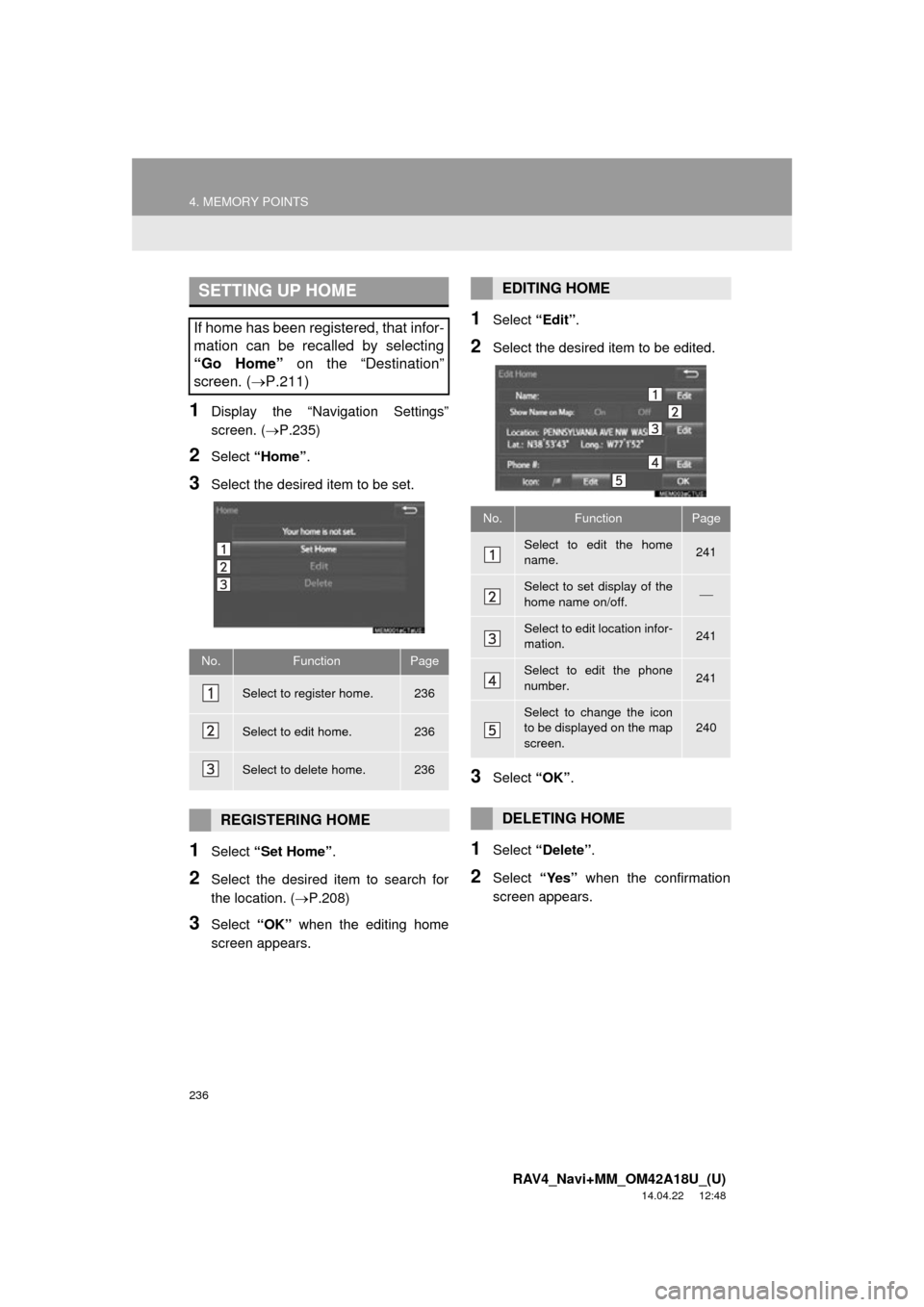 TOYOTA RAV4 2015 XA40 / 4.G Navigation Manual 236
4. MEMORY POINTS
RAV4_Navi+MM_OM42A18U_(U)
14.04.22 12:48
1Display the “Navigation Settings”
screen. (P.235)
2Select “Home” .
3Select the desired item to be set.
1Select “Set Home TOYOTA RAV4 2015 XA40 / 4.G Navigation Manual 236
4. MEMORY POINTS
RAV4_Navi+MM_OM42A18U_(U)
14.04.22 12:48
1Display the “Navigation Settings”
screen. (P.235)
2Select “Home” .
3Select the desired item to be set.
1Select “Set Home
