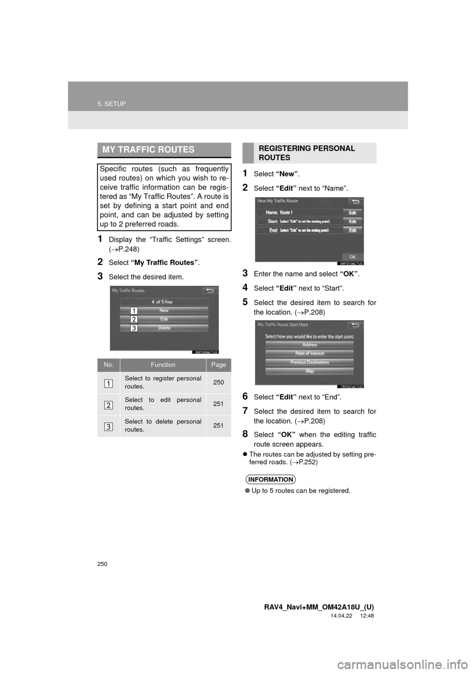 TOYOTA RAV4 2015 XA40 / 4.G Navigation Manual 250
5. SETUP
RAV4_Navi+MM_OM42A18U_(U)
14.04.22 12:48
1Display the “Traffic Settings” screen.
(P.248)
2Select “My Traffic Routes” .
3Select the desired item.
1Select “New”.
2Select TOYOTA RAV4 2015 XA40 / 4.G Navigation Manual 250
5. SETUP
RAV4_Navi+MM_OM42A18U_(U)
14.04.22 12:48
1Display the “Traffic Settings” screen.
(P.248)
2Select “My Traffic Routes” .
3Select the desired item.
1Select “New”.
2Select