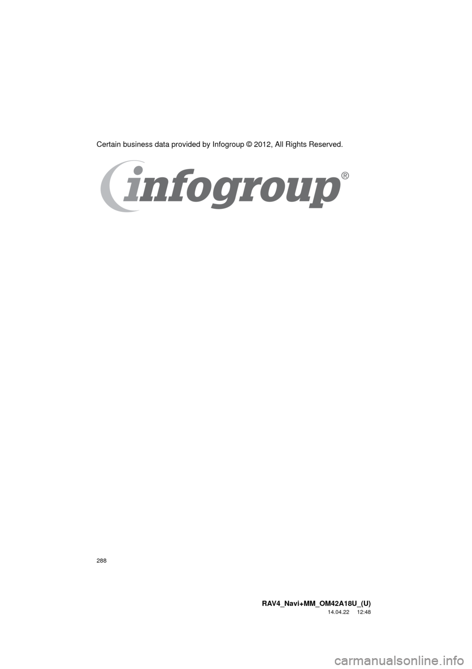 TOYOTA RAV4 2015 XA40 / 4.G Navigation Manual 288
RAV4_Navi+MM_OM42A18U_(U)
14.04.22 12:48
Certain business data provided by Infogroup © 2012, All Rights Reserved. TOYOTA RAV4 2015 XA40 / 4.G Navigation Manual 288
RAV4_Navi+MM_OM42A18U_(U)
14.04.22 12:48
Certain business data provided by Infogroup © 2012, All Rights Reserved.