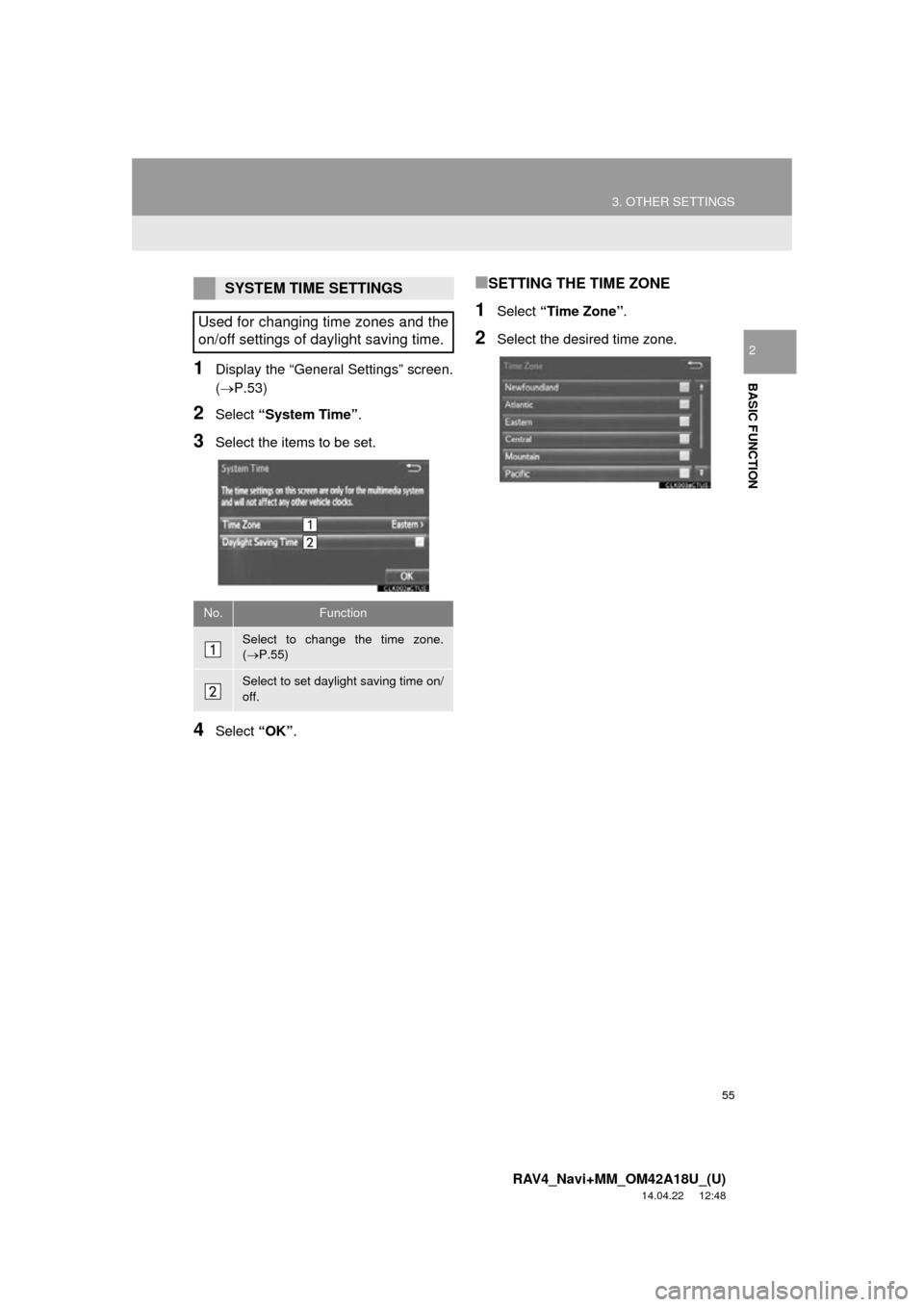 TOYOTA RAV4 2015 XA40 / 4.G Navigation Manual 55
3. OTHER SETTINGS
RAV4_Navi+MM_OM42A18U_(U)
14.04.22 12:48
BASIC FUNCTION
2
1Display the “General Settings” screen.
(P.53)
2Select “System Time” .
3Select the items to be set.
4Selec TOYOTA RAV4 2015 XA40 / 4.G Navigation Manual 55
3. OTHER SETTINGS
RAV4_Navi+MM_OM42A18U_(U)
14.04.22 12:48
BASIC FUNCTION
2
1Display the “General Settings” screen.
(P.53)
2Select “System Time” .
3Select the items to be set.
4Selec