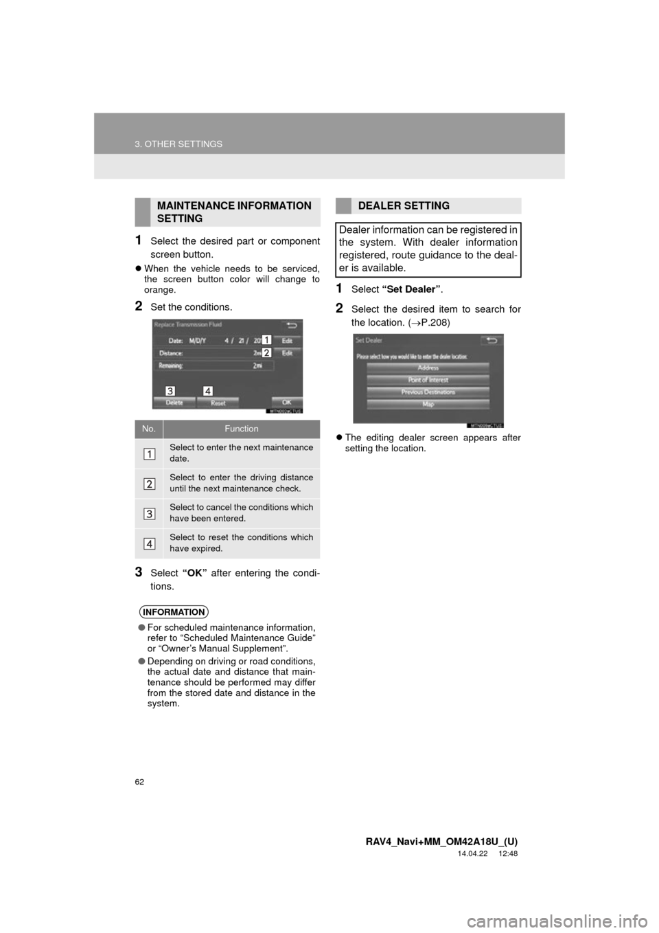 TOYOTA RAV4 2015 XA40 / 4.G Navigation Manual 62
3. OTHER SETTINGS
RAV4_Navi+MM_OM42A18U_(U)
14.04.22 12:48
1Select the desired part or component
screen button.
When the vehicle needs to be serviced,
the screen button color will change to
TOYOTA RAV4 2015 XA40 / 4.G Navigation Manual 62
3. OTHER SETTINGS
RAV4_Navi+MM_OM42A18U_(U)
14.04.22 12:48
1Select the desired part or component
screen button.
When the vehicle needs to be serviced,
the screen button color will change to