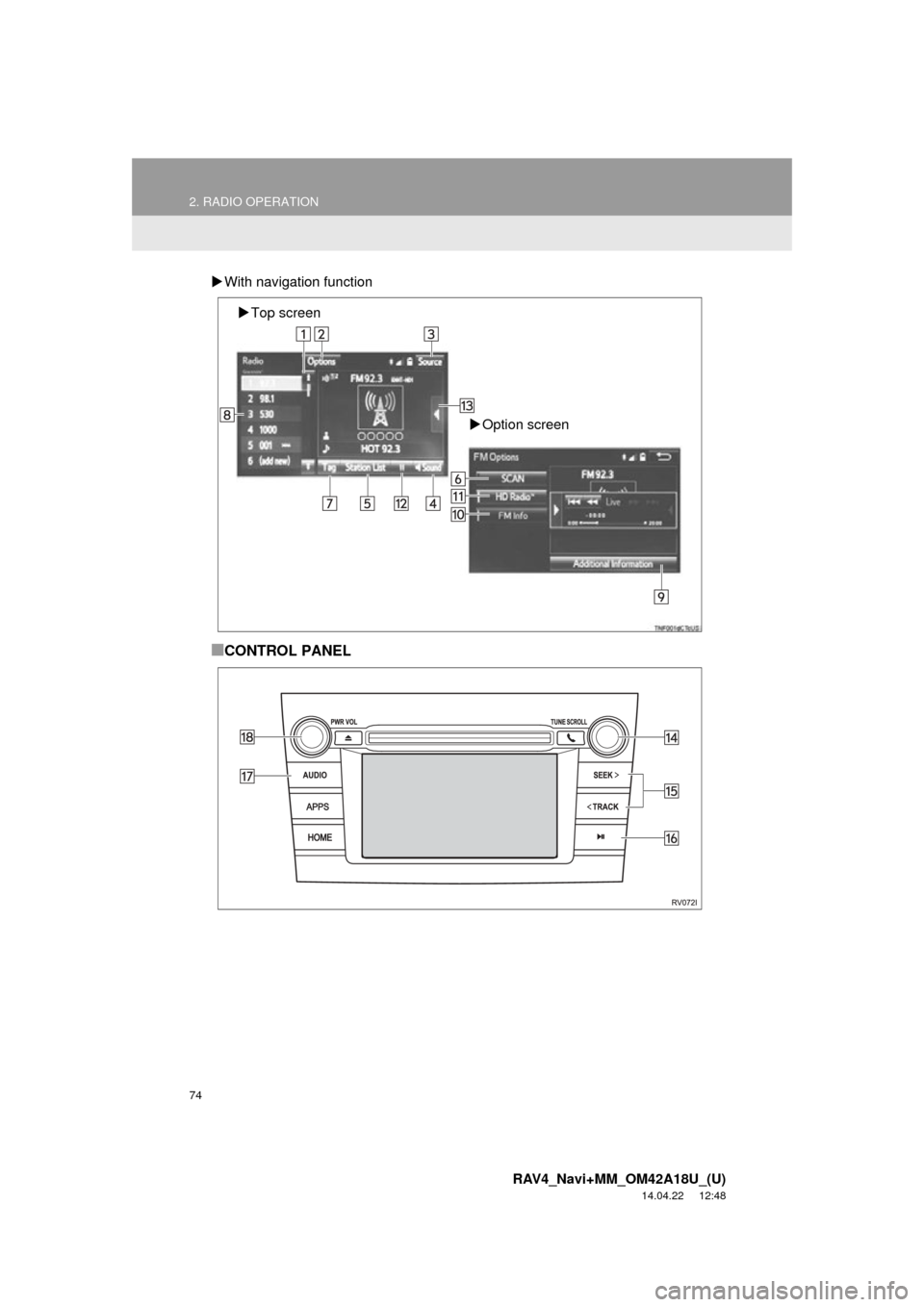 TOYOTA RAV4 2015 XA40 / 4.G Navigation Manual 74
2. RADIO OPERATION
RAV4_Navi+MM_OM42A18U_(U)
14.04.22 12:48
With navigation function
■CONTROL PANEL
Top screen
Option screen TOYOTA RAV4 2015 XA40 / 4.G Navigation Manual 74
2. RADIO OPERATION
RAV4_Navi+MM_OM42A18U_(U)
14.04.22 12:48
With navigation function
■CONTROL PANEL
Top screen
Option screen