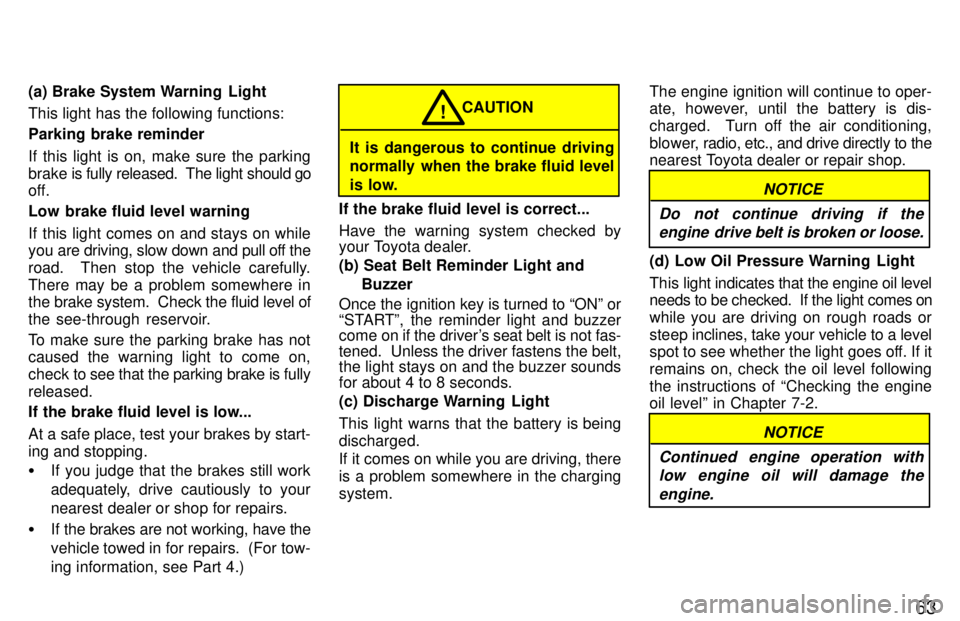 TOYOTA LAND CRUISER 1997 Owners Guide 63
(a) Brake System Warning  Light This light has the following functions: Parking brake reminder 
If this light is on, make sure the parking 
brake is 
fully released.  The light should go
off. 
Low 